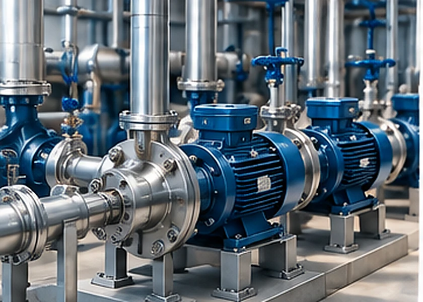 Industrial pumps connected to a stainless steel pipe network